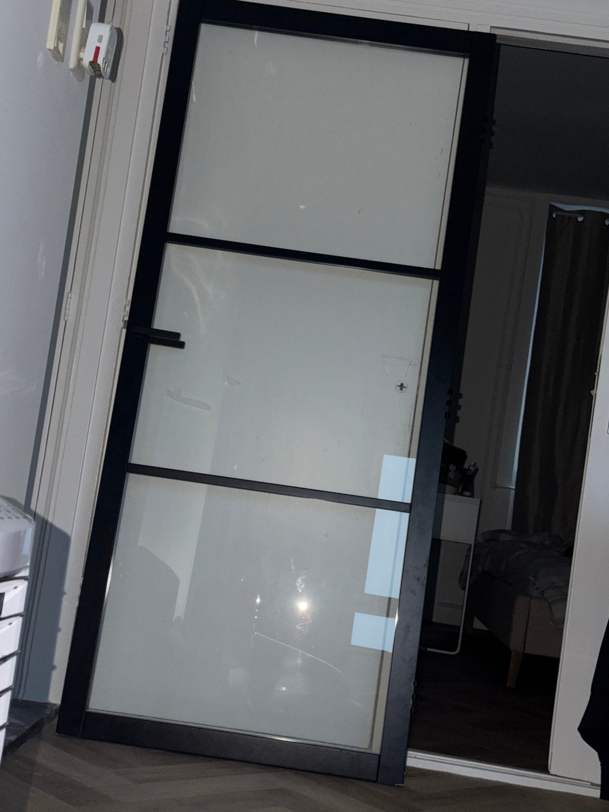 Moderne Zwarte deur met Glaspanelen, Doe-het-zelf en Verbouw, Ophalen, Gebruikt, 80 tot 100 cm, Binnendeur