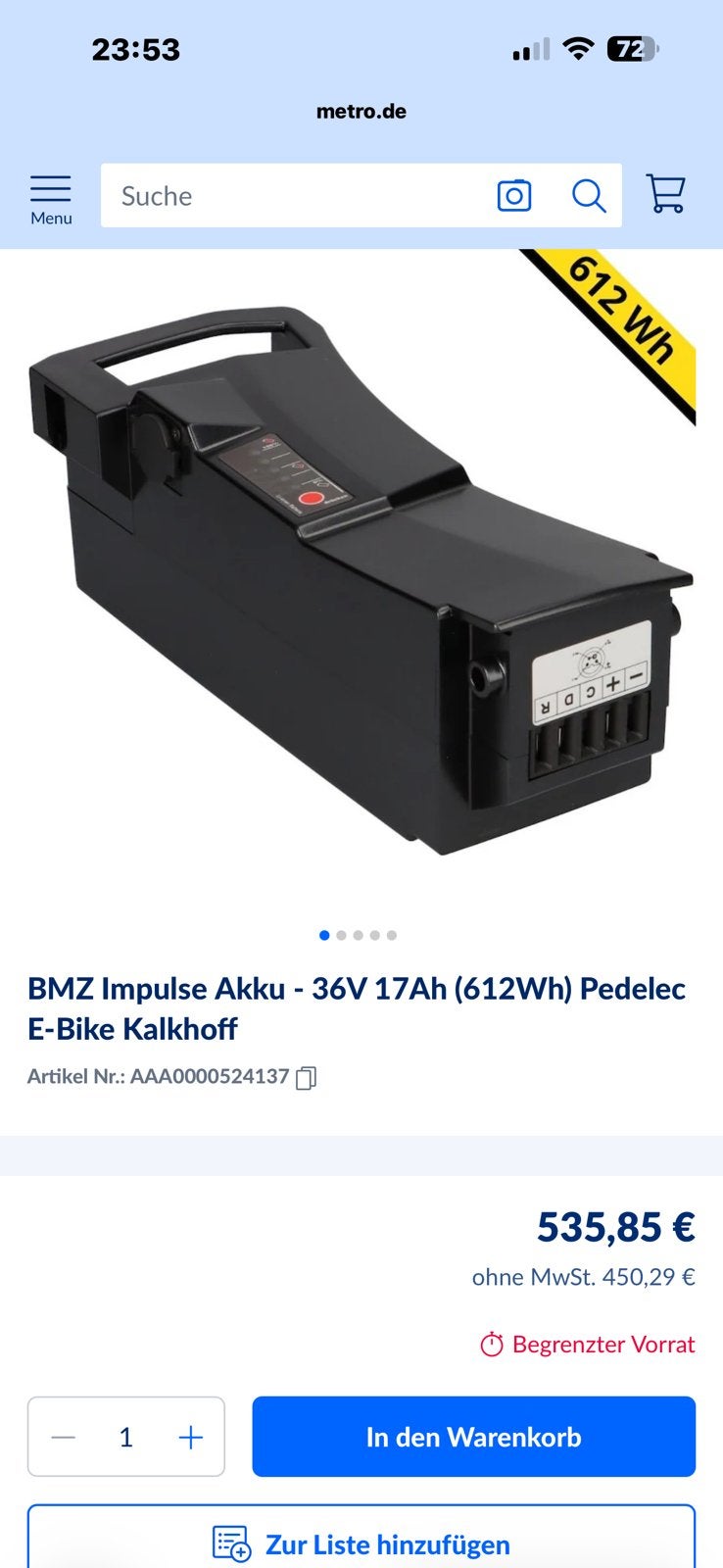 Impuls fietsaccu 36volt 17AH  Nieuw wegens diefstal fiets, Ophalen of Verzenden, Nieuw