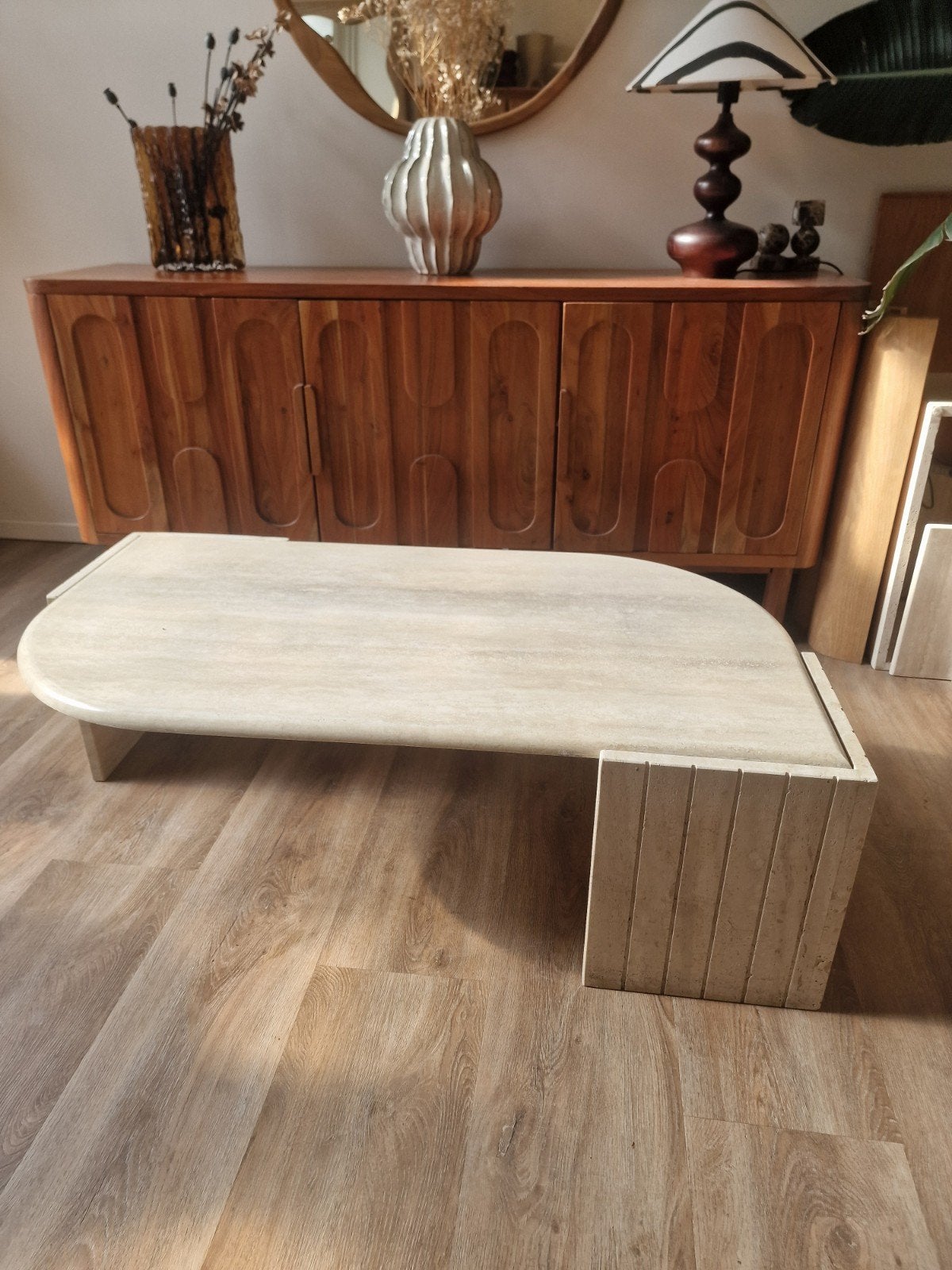 uniek traventin salontafel, Huis en Inrichting, Tafels | Salontafels, Ophalen, 100 tot 150 cm, 50 tot 100 cm, Zo goed als nieuw
