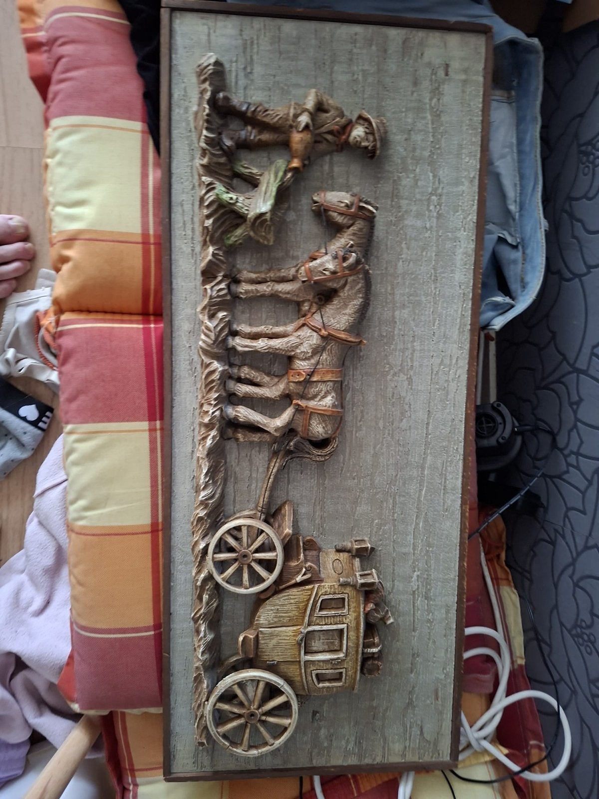 Vintage 3D Wanddecoratie: Koets met Paarden en Man, Ophalen