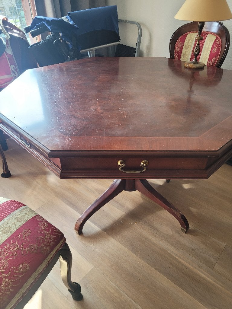 Salontafel (met beschadiging) met laden + stoelen. GRATIS!, Huis en Inrichting, Tafels | Eettafels, Ophalen, Gebruikt, Kersenhout