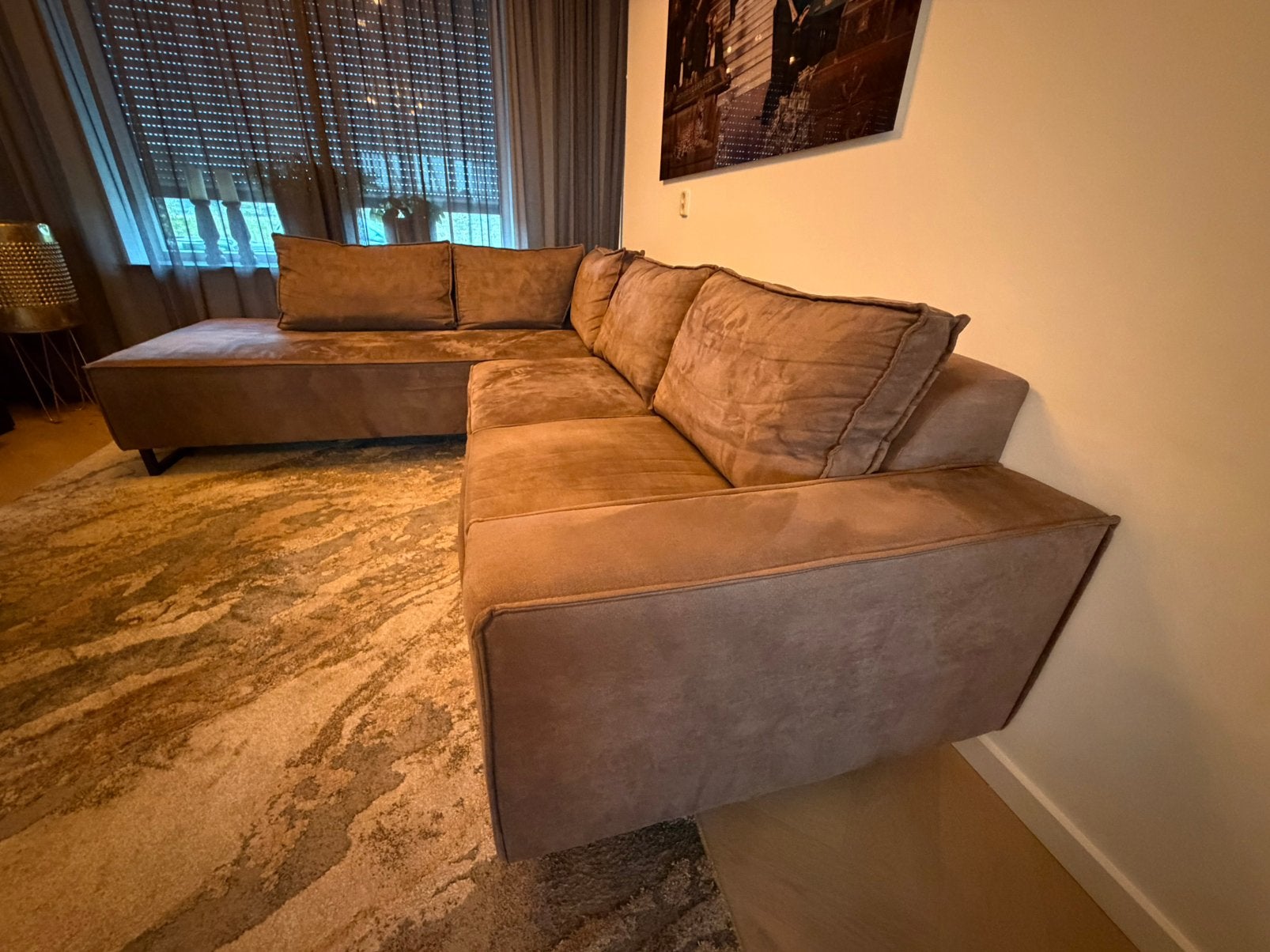 Hoekbank taupe in goede staat 280x230, Ophalen, Gebruikt