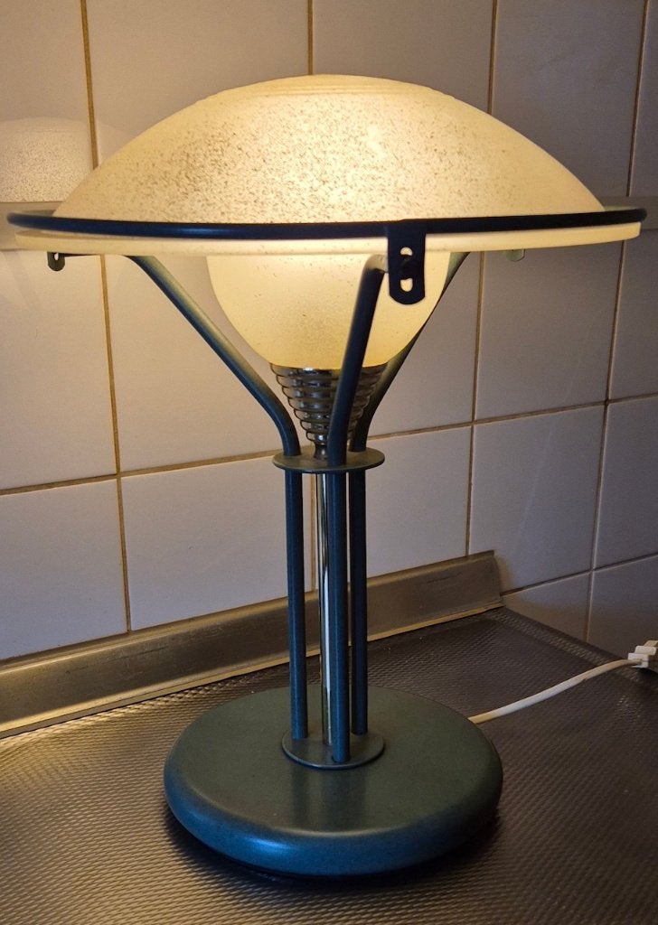 Vintage jaren 70 (1970) design matglas tafellamp., Groen, 38 cm, Met kap, Metaal