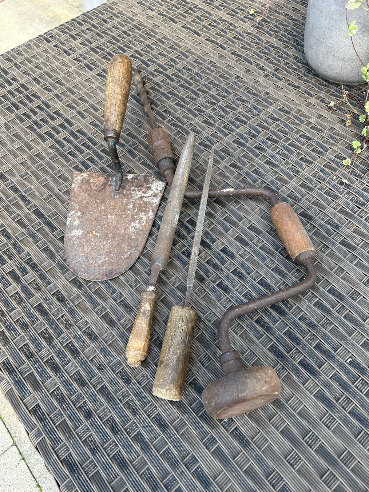 Set van 5 antieke gereedschappen - handboor, troffel, vijlen, Ophalen