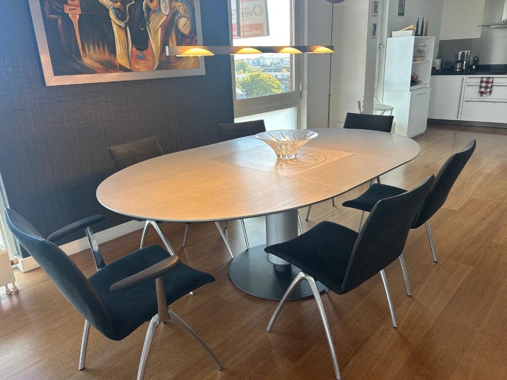Eettafel 100 euro met stoelen 6 stuks Leolux 25 per stuk, Ophalen, Gebruikt, 100 tot 150 cm, 200 cm of meer