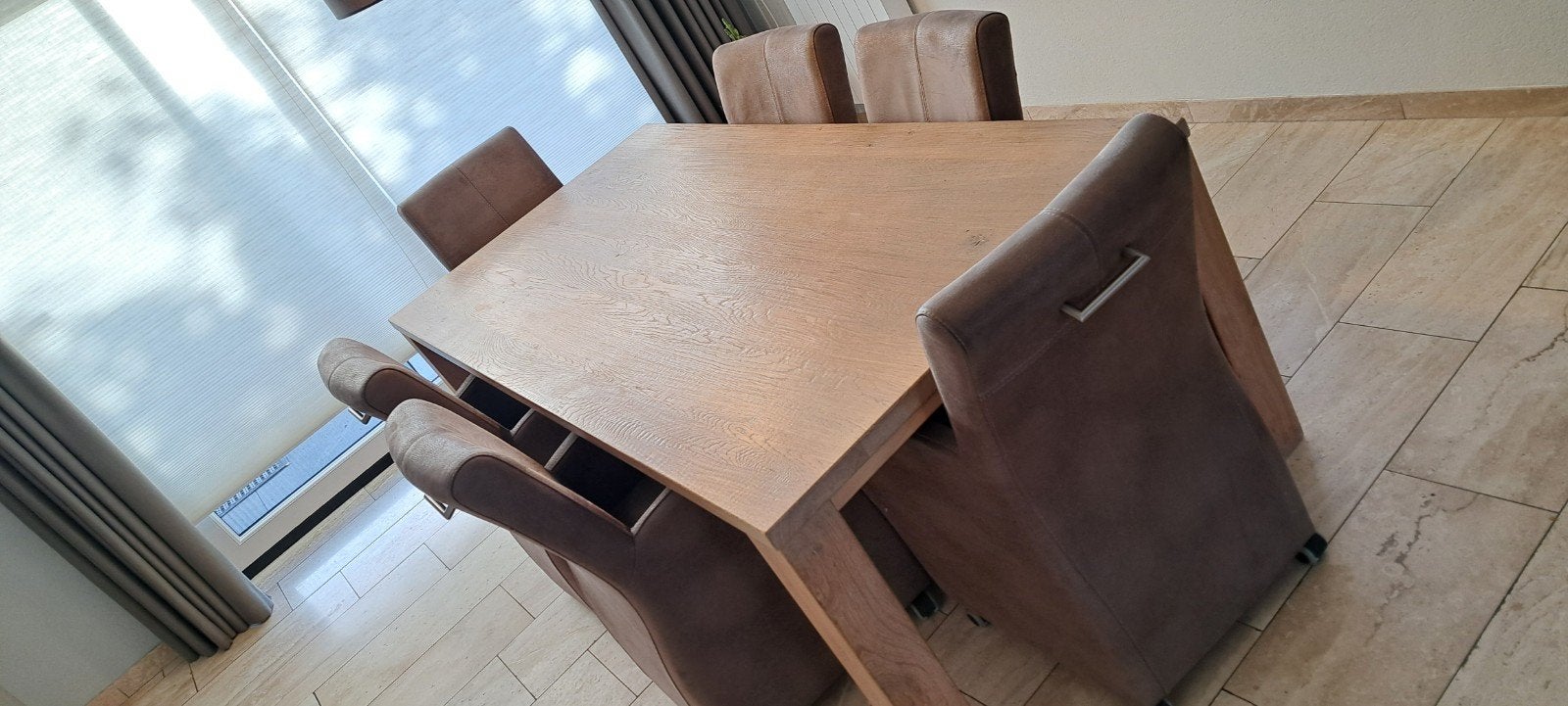 Massief eiken eettafel met 6 luxe verrijdbare stoelen, Ophalen, 100 tot 150 cm, Eikenhout, 200 cm of meer