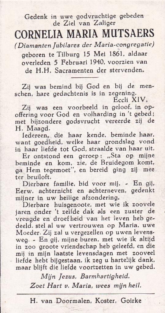 Mutsaers Cornelia 1861 Tilburg 1940, Ophalen of Verzenden, Bidprentje