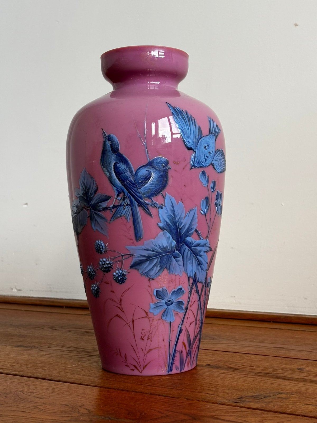 Roze vaas met blauwe vogels, Ophalen of Verzenden