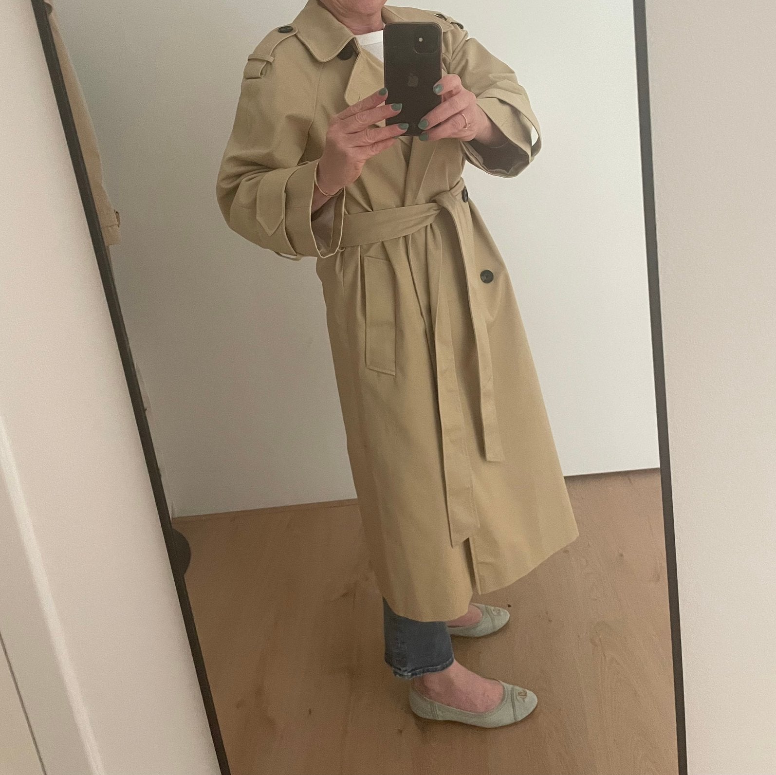 Lange Trenchcoat maat 36 petite, Verzenden, Zo goed als nieuw, Maat 36 (S), Beige