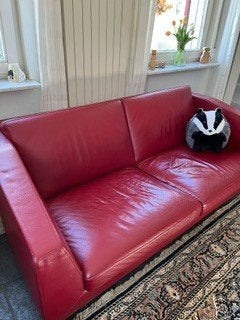 Comfortabele rode leren tweezitsbank, Ophalen, Gebruikt, 150 tot 200 cm, Tweepersoons