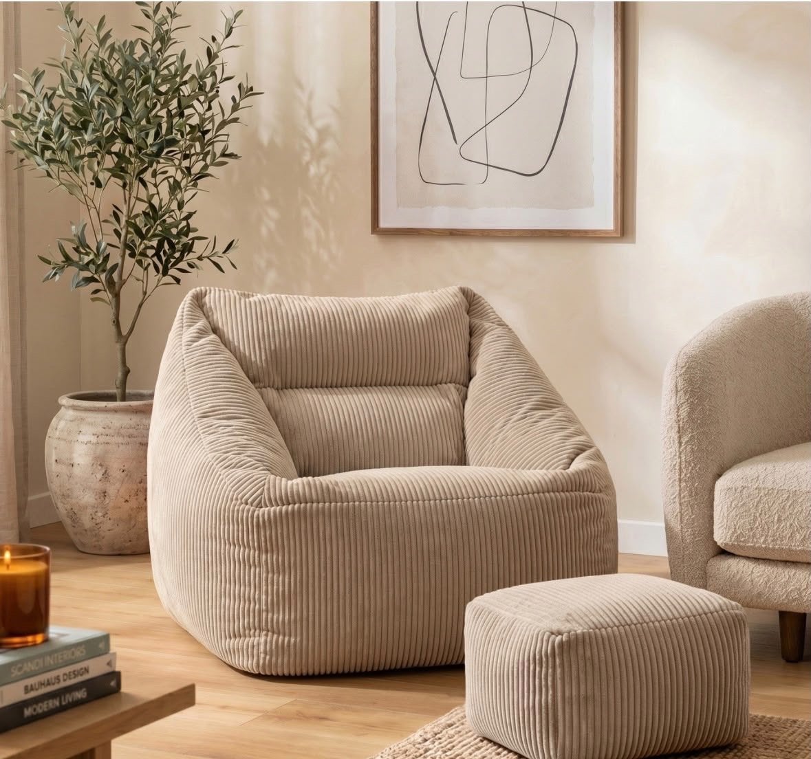 Nieuwe zitzak met poef - ribstof - beige, Huis en Inrichting, Ophalen, Nieuw, 75 tot 100 cm, 75 tot 100 cm