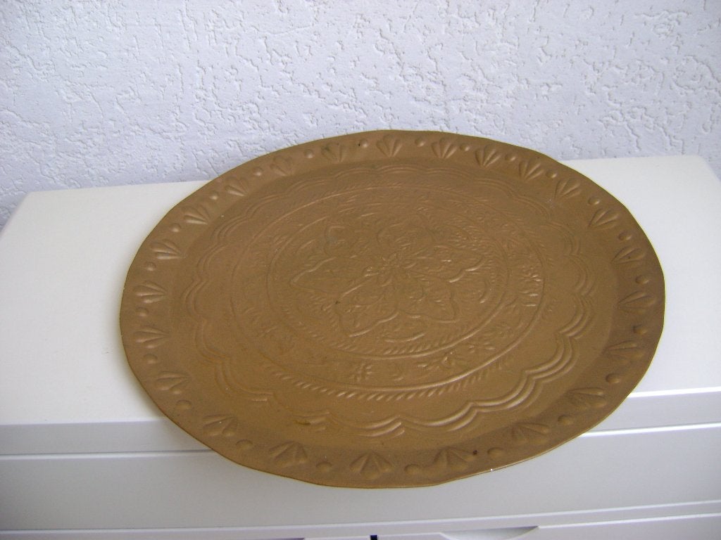 koper kleurig metalen kaarsen plateau op 4rondjes van 44cm r, Huis en Inrichting, Gebruikt, Bruin, Overige typen, Ophalen of Verzenden