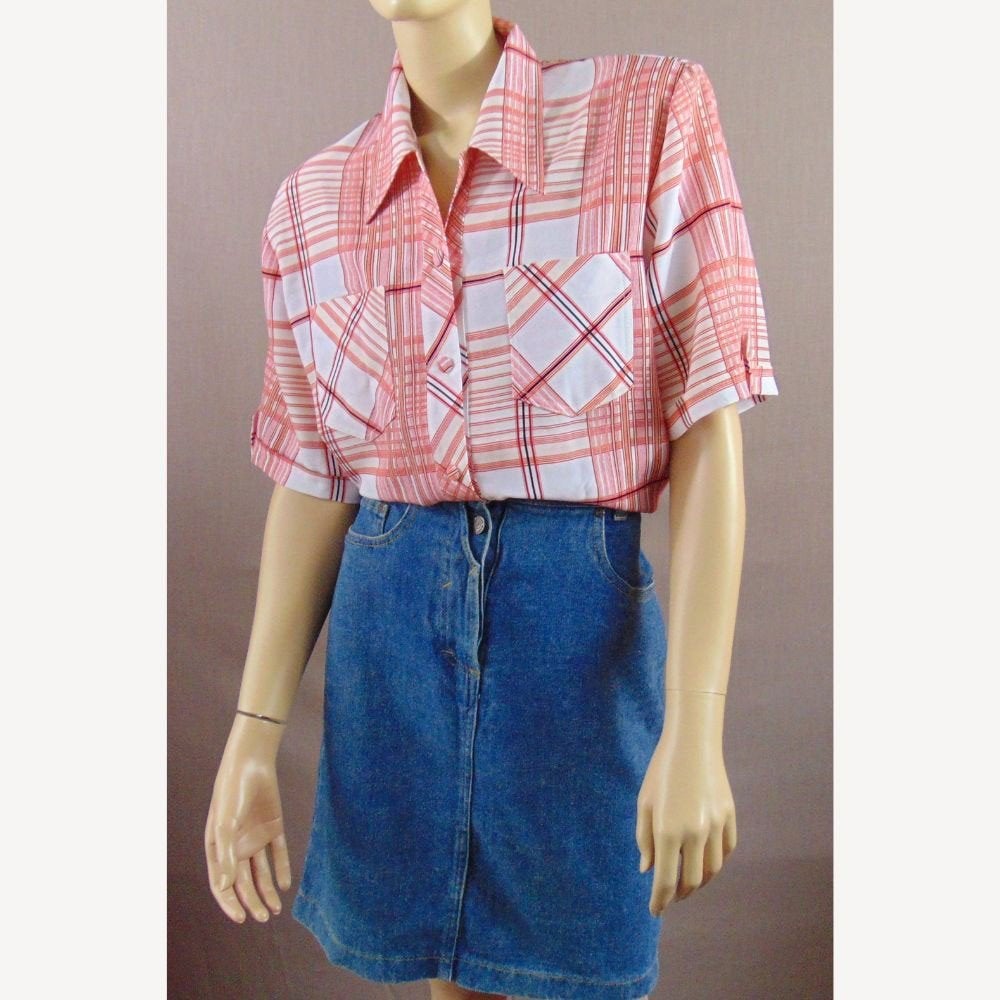 Vintage 90s rood / wit / beige geruite blouse maat L, Maat 38/40 (M), Verzenden, Zo goed als nieuw, Vintage