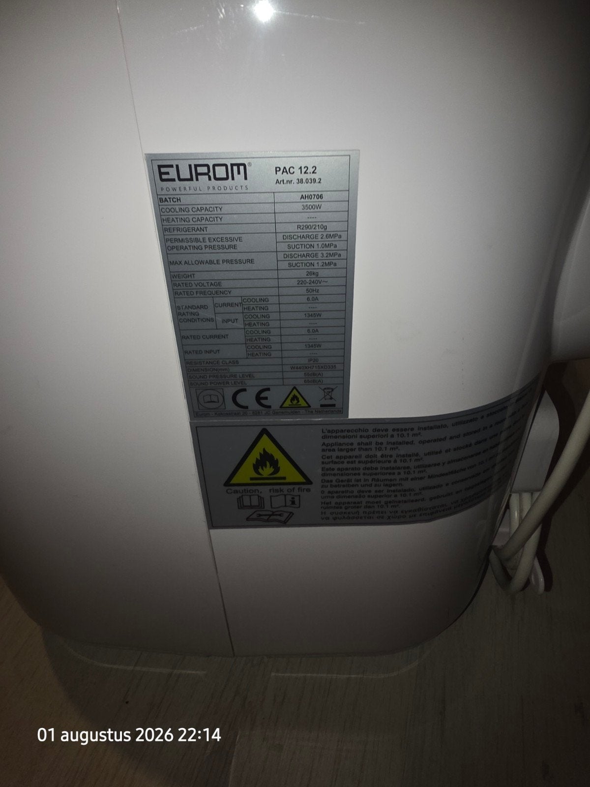 Mobiele airco Eurom PAC 12.2 voor slaapkamer tot 20m2, Witgoed en Apparatuur, Airco's, Ophalen, Minder dan 60 m³, 3 snelheden of meer