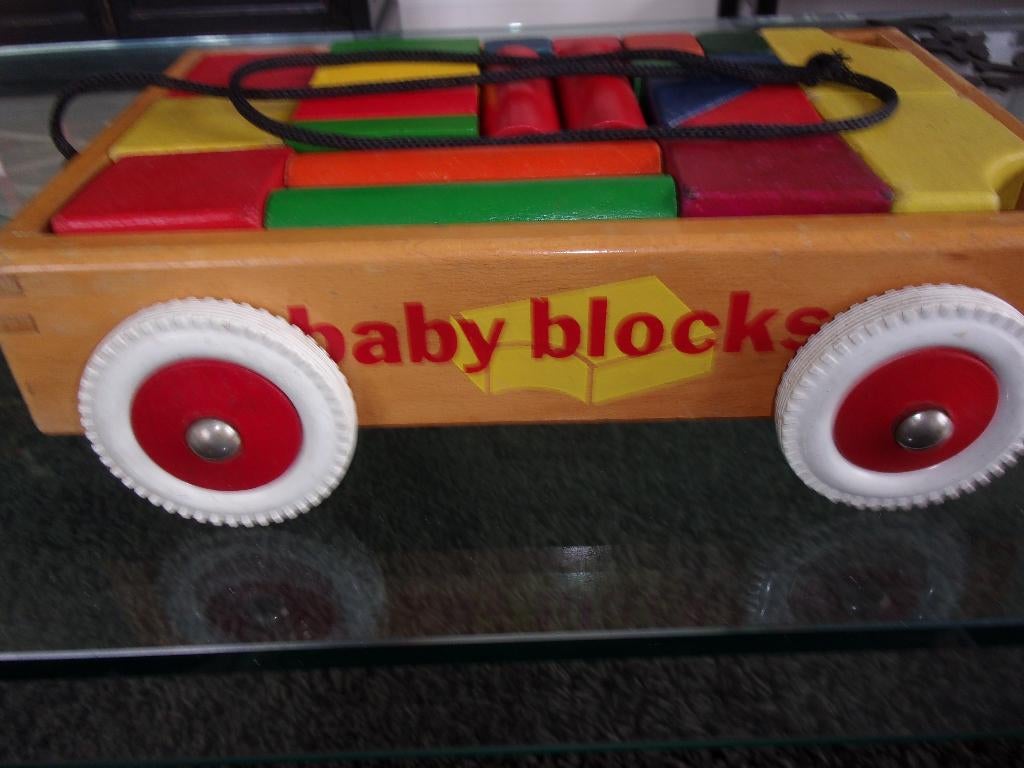 Oud Houten BLOKKENKAR "BABYBLOCKS", compleet, Antiek en Kunst, Ophalen of Verzenden