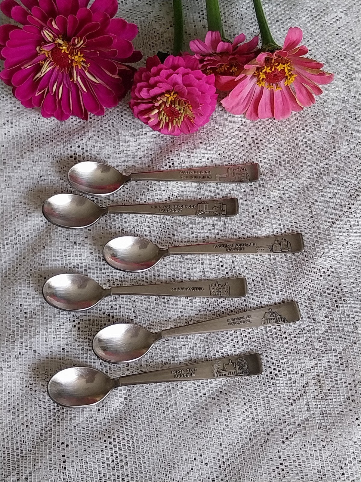 Set van 6 verzilverde theelepels met Nederlandse kastelen, Ophalen of Verzenden