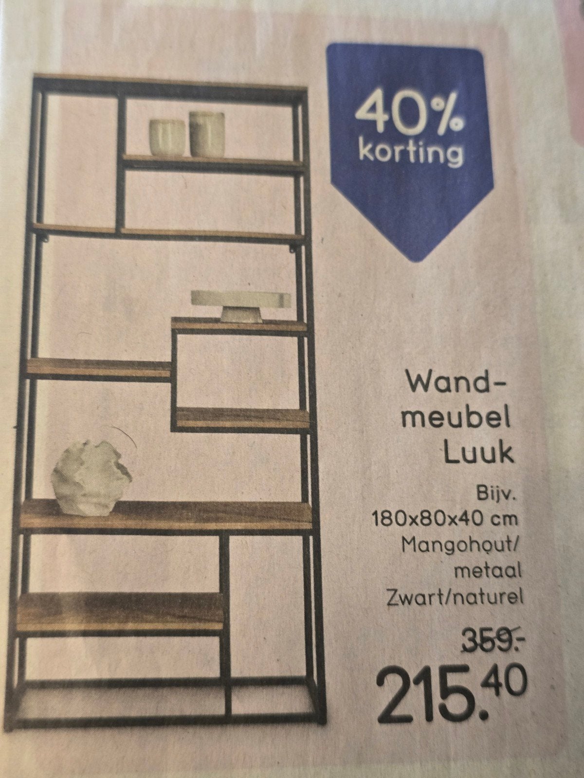 Wandmeubel Luuk - Mangohout/Metaal, Zwart/Naturel, Huis en Inrichting, Kasten | Wandmeubels, Ophalen, Nieuw, Minder dan 150 cm
