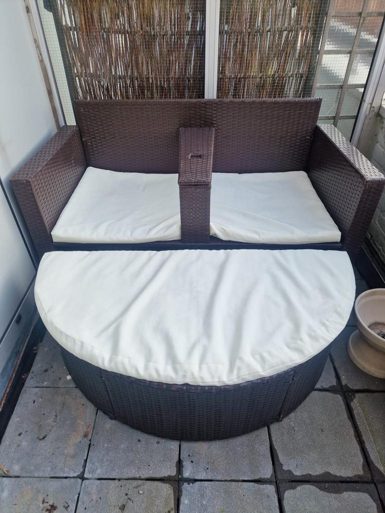 Balkonset - Loungeset met halfronde hocker, Gebruikt, Loungeset, Wicker, Bank