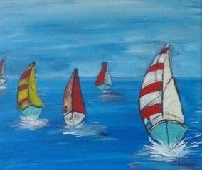 Schilderij: Zeilboten op Zee - Acryl op doek, Antiek en Kunst, Ophalen, Acrylverf, Overig onderwerp, Gesigneerd