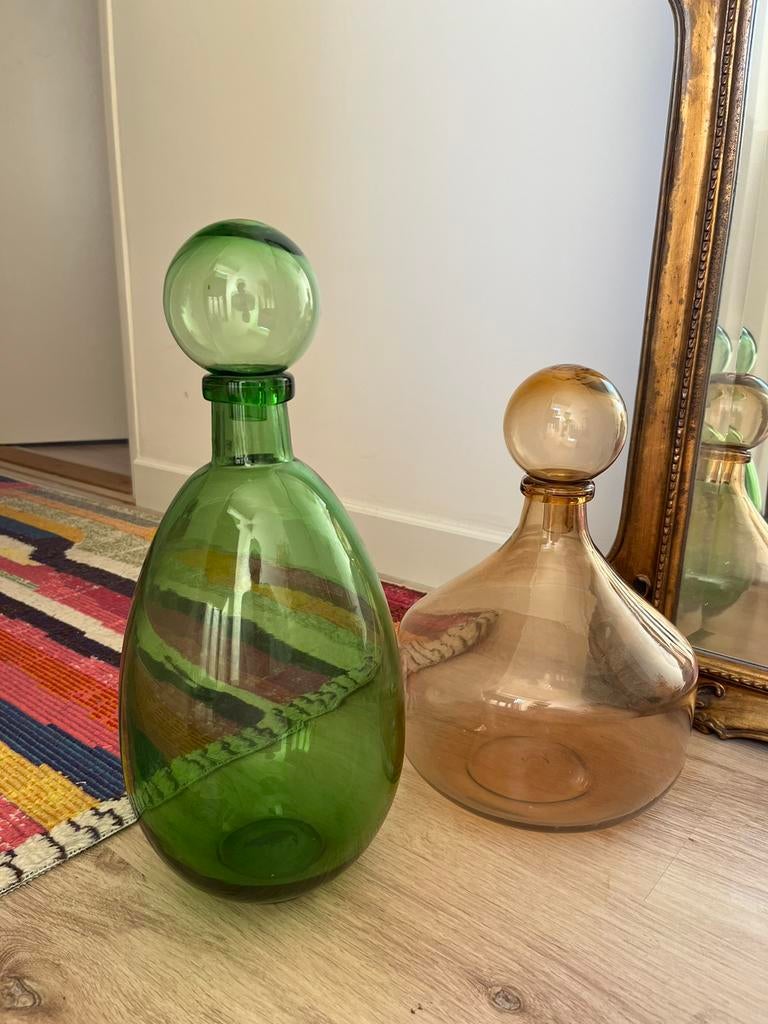 Groene en oranje vaas met stop, Ophalen of Verzenden, Minder dan 50 cm, Groen, Glas