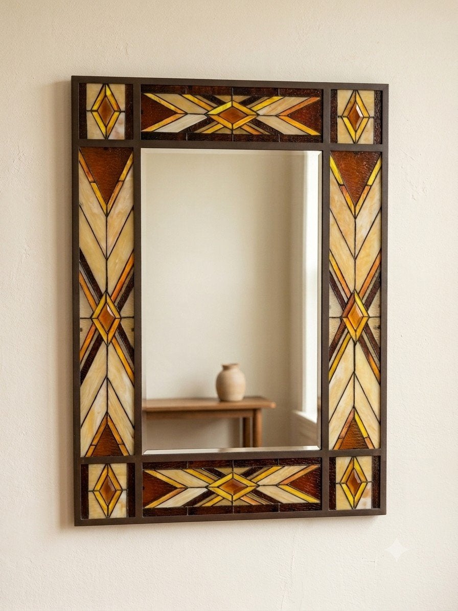 Art Deco spiegel met glas-in-lood details, Antiek en Kunst, Ophalen of Verzenden, Rechthoekig, 50 tot 100 cm, 100 tot 150 cm