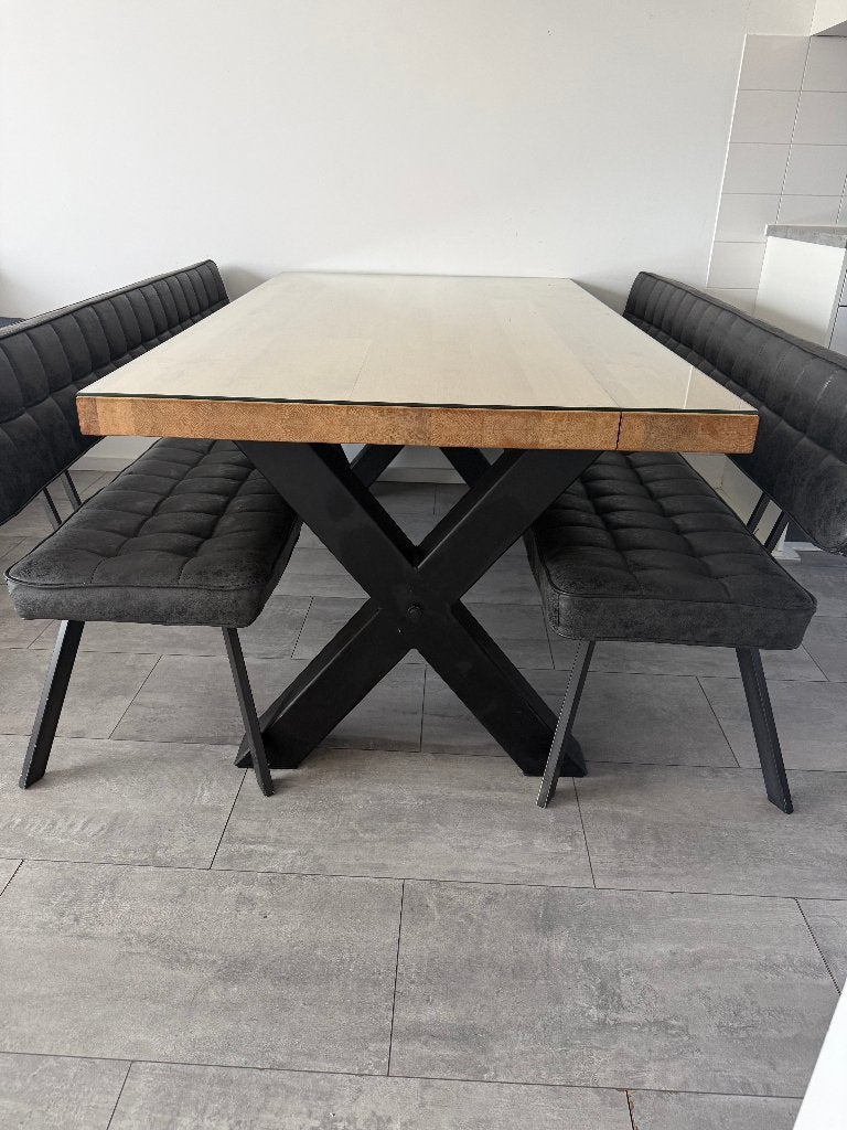 Eikenhout eettafel met glasplaat(180x100cm) incl. stoelen, Ophalen, Eikenhout, 50 tot 100 cm, Zo goed als nieuw