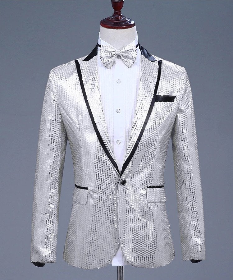 Heren zilver paillet glitter colbert mannen zilveren blazer, Verzenden, Nieuw, Overige maten, Zilver