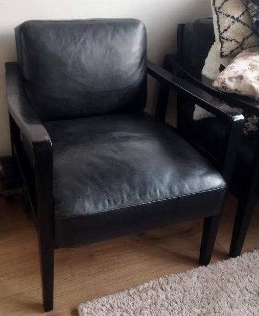 Eleonora Olaf Fauteuils - Stoer Zwart Leer - Set of per stuk, Ophalen, Gebruikt, Vintage, 75 tot 100 cm