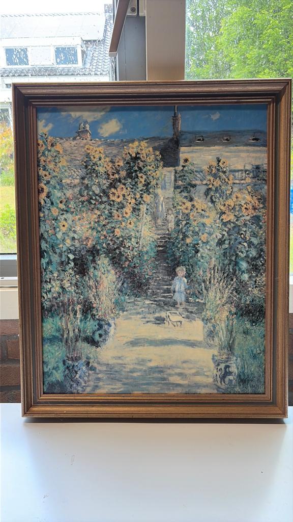Monet-stijl schilderij: Tuin met zonnebloemen en kind, Ophalen
