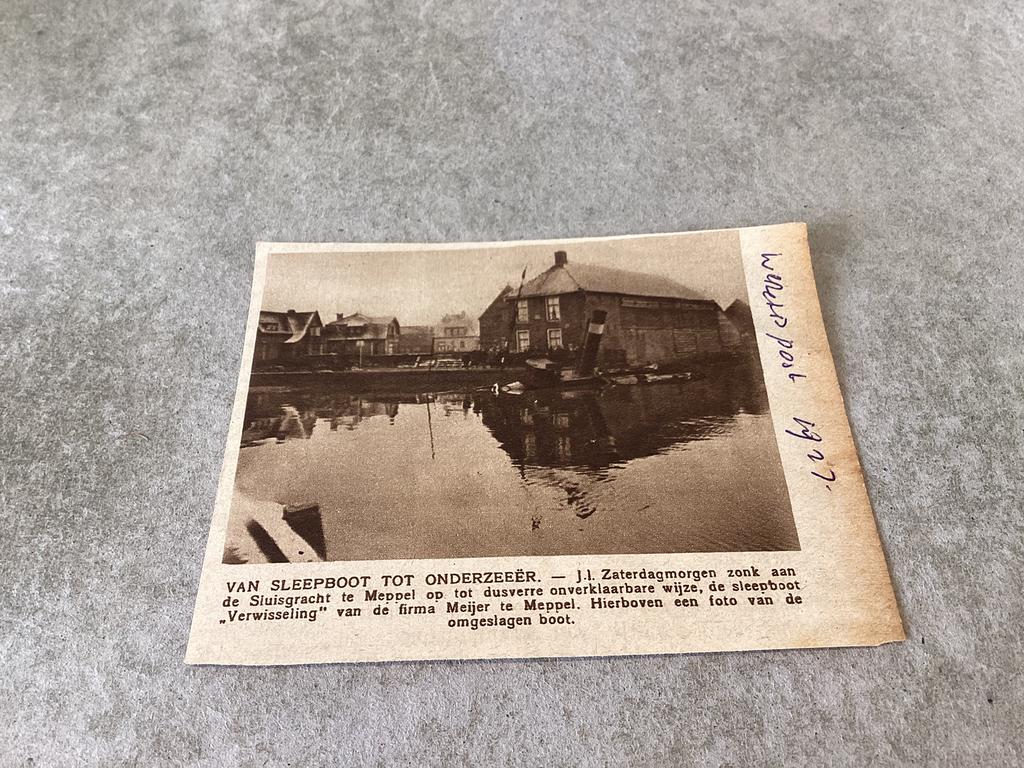 Meppel.   Gezonken sleepboot ,, Verwisseling” van Fa. Meijer, Ophalen of Verzenden, 1920 tot 1940, Drenthe