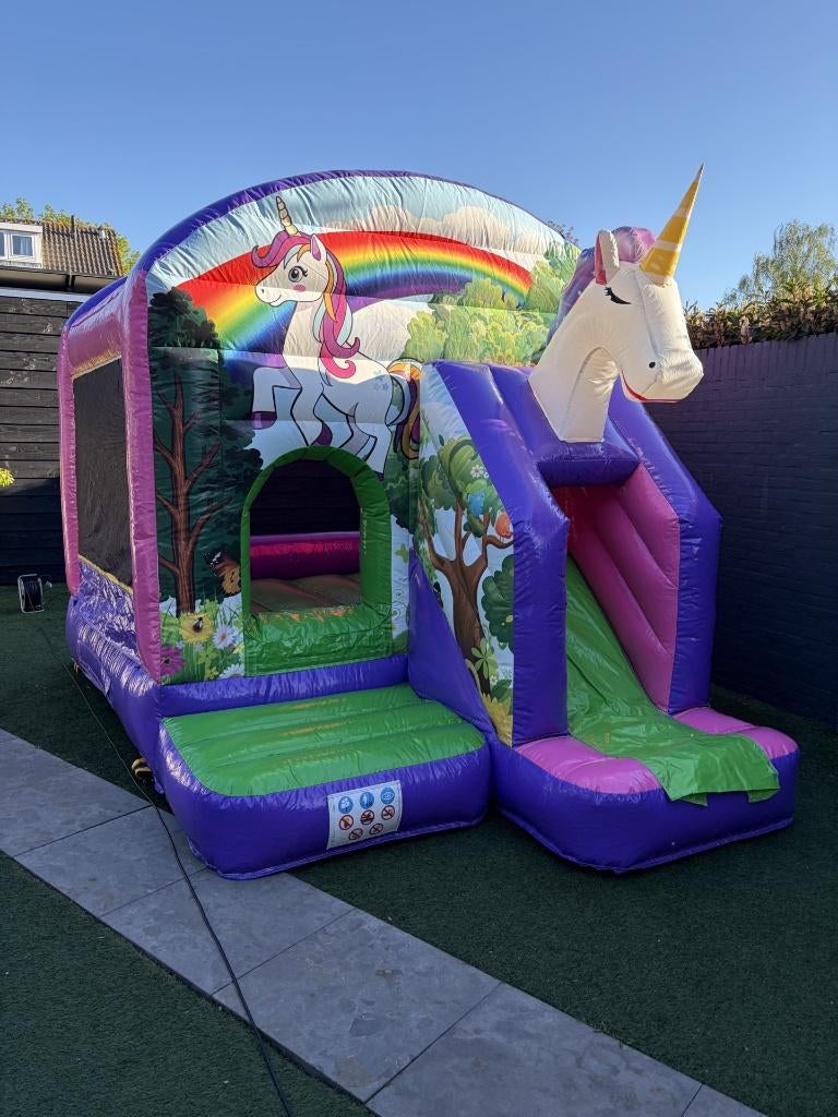 Springkussen unicorn te huur €75, Ophalen, Zo goed als nieuw, Overige