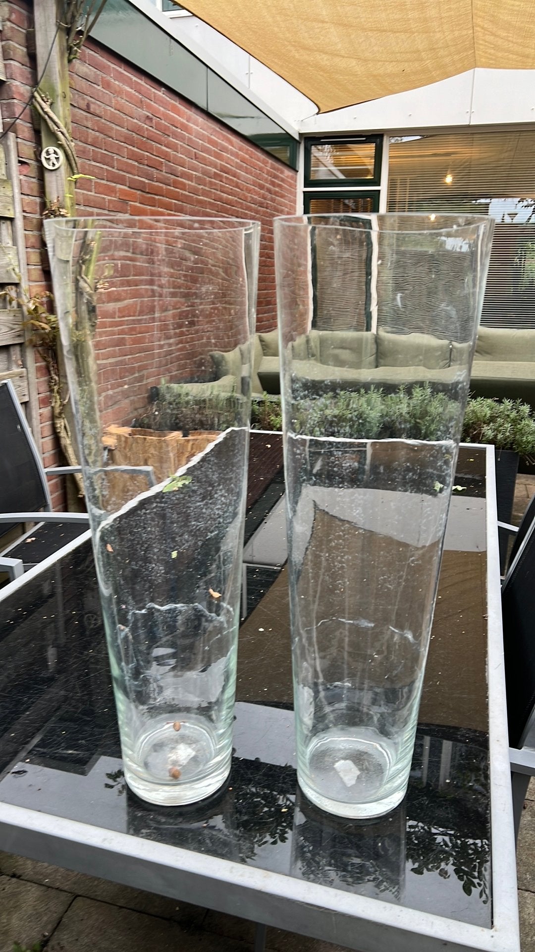 2 grote glazen vazen 70 cm hoog, Ophalen, Gebruikt