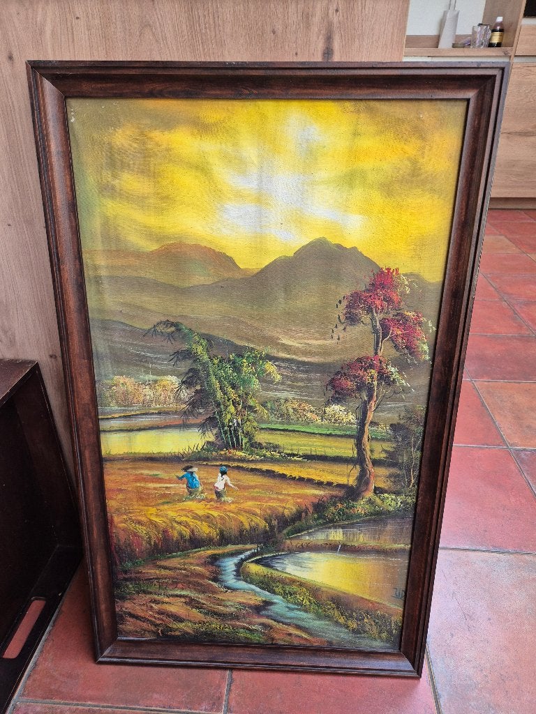 Schilderij rijstvelden, Doek, Ophalen of Verzenden, Landschap, Olieverf
