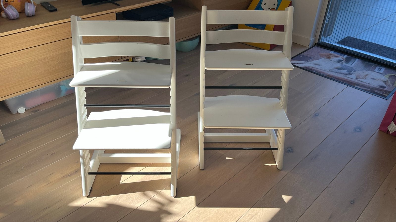 Twee Stokke Tripp Trapp meegroeistoelen, wit, Ophalen of Verzenden, Gebruikt, Meegroeistoel, Aanschuifbaar