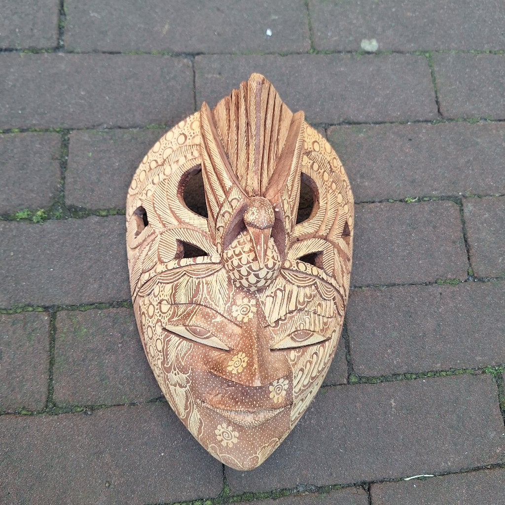 Vintage Batik Masker uit Indonesië, Hout, Bruin, Handgemaakt, 23 cm