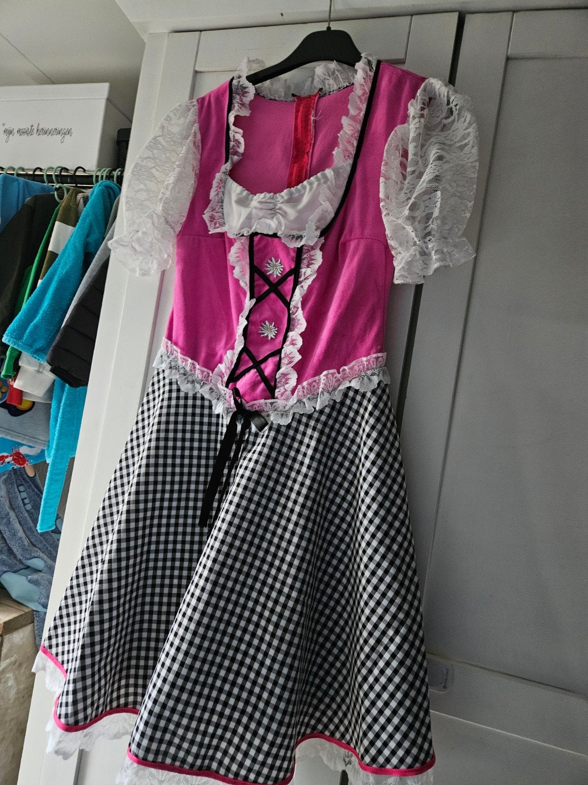 Roze Dirndl Jurk met Ruitjespatroon -, Maat 38/40 (M), Carnaval, Ophalen of Verzenden, Onbekend
