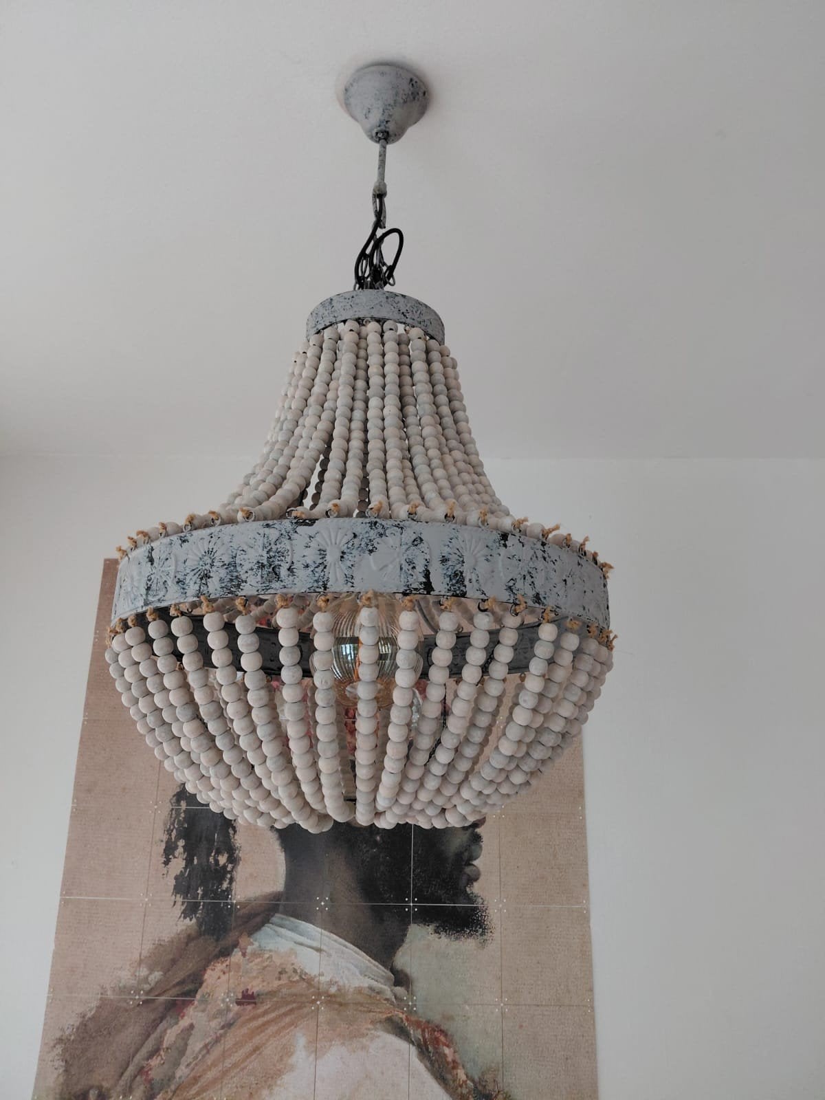 Bohemian Kroonluchter met Houten Kralen, Huis en Inrichting, Ophalen of Verzenden, Zo goed als nieuw, Hout, Bohemian, Landelijk
