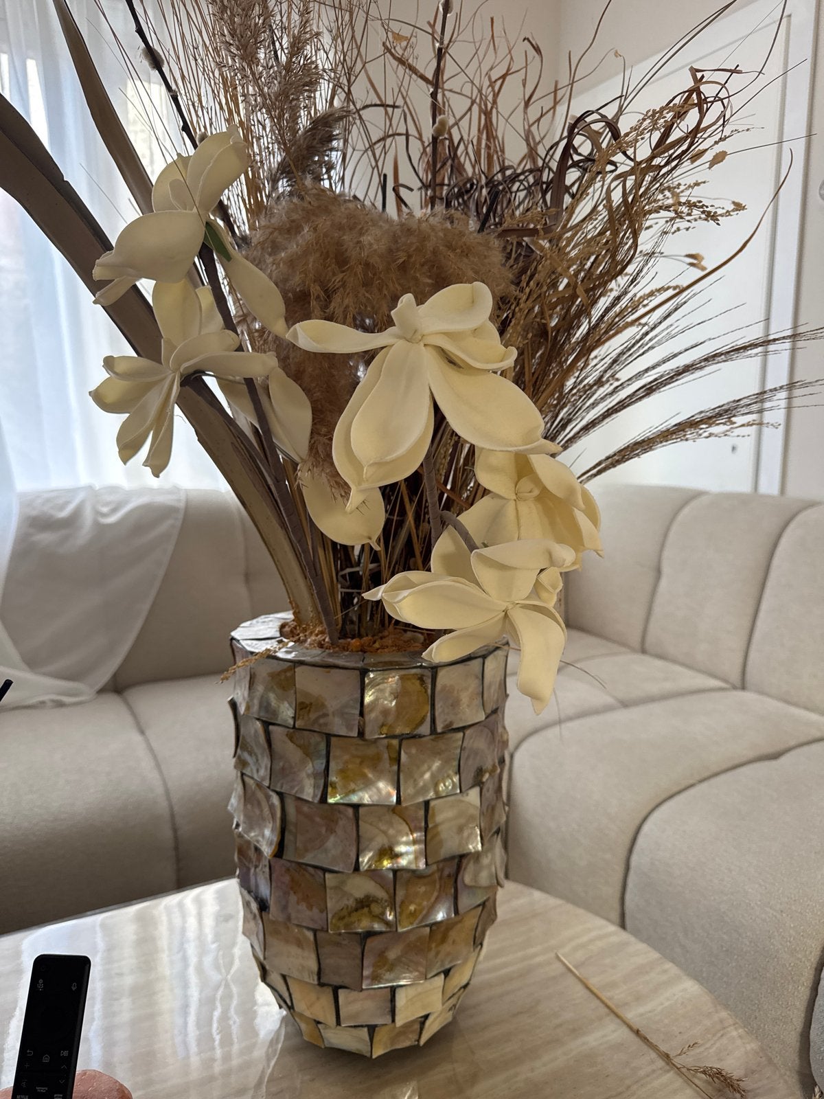 Unieke Moederparel Vaas met Droogbloemen, Meerkleurig, Natuurlijk materiaal, Inclusief decoratie, Ophalen of Verzenden