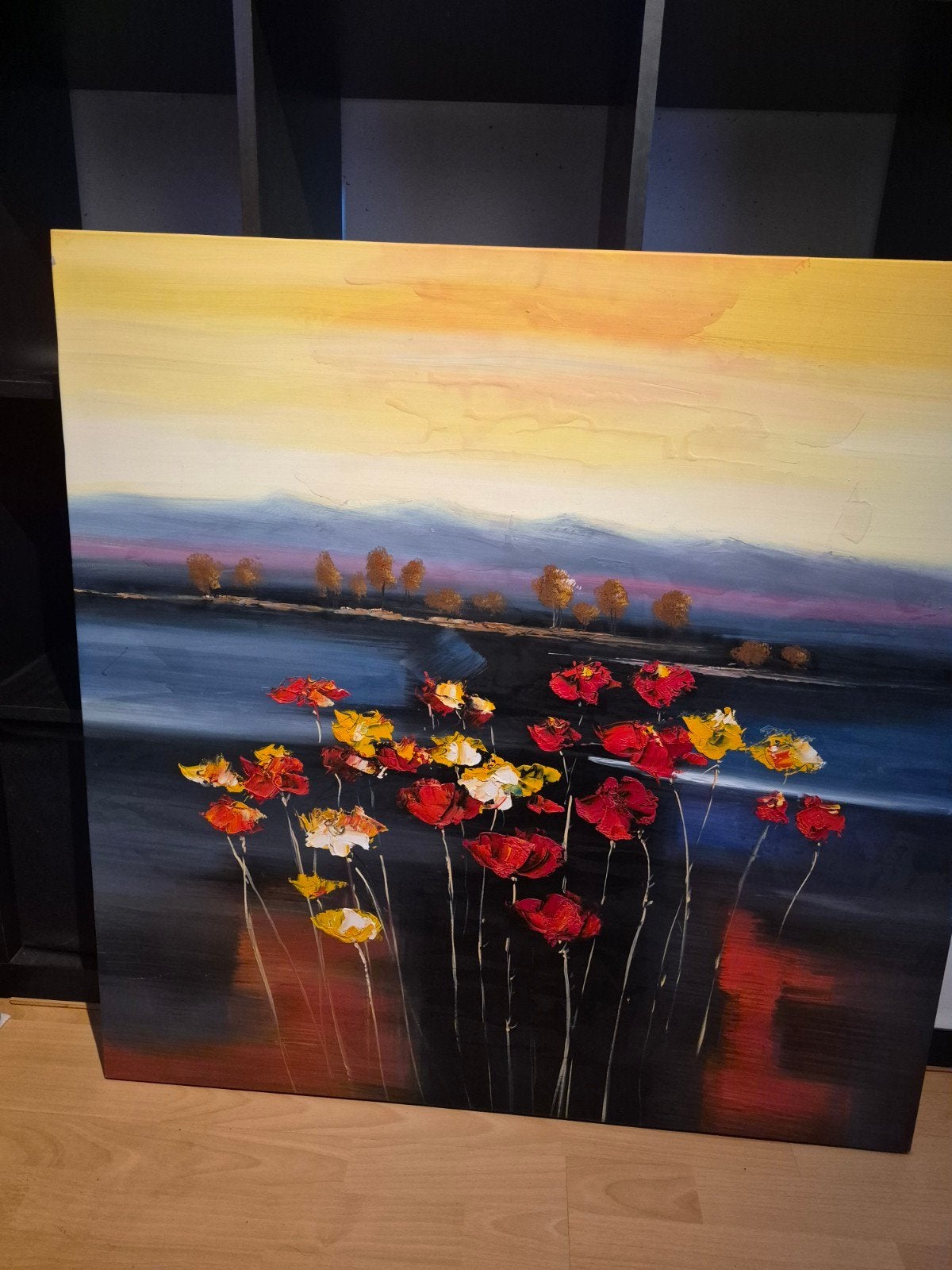 Schilderij met kleurrijke bloemen en landschap, Antiek en Kunst, Kunst | Schilderijen | Klassiek, Ophalen, Handgeschilderd