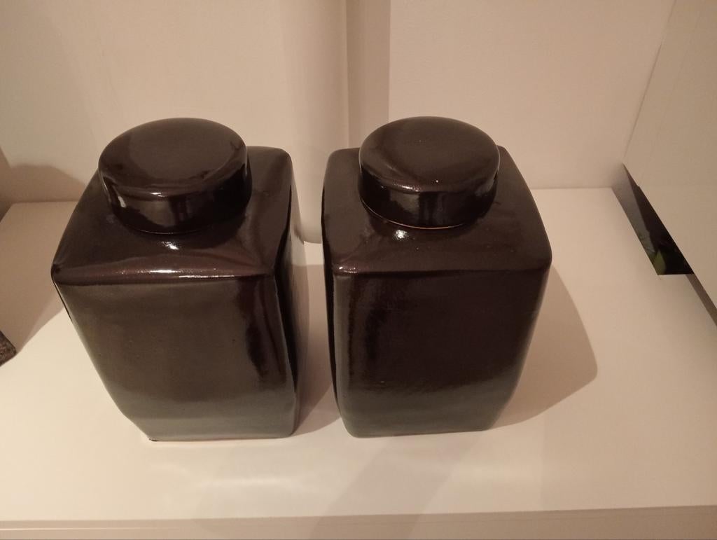 Set van 2 vierkante zwarte potten met deksel, Huis en Inrichting, Woonaccessoires | Overige, Gebruikt, Zwart, Ophalen of Verzenden