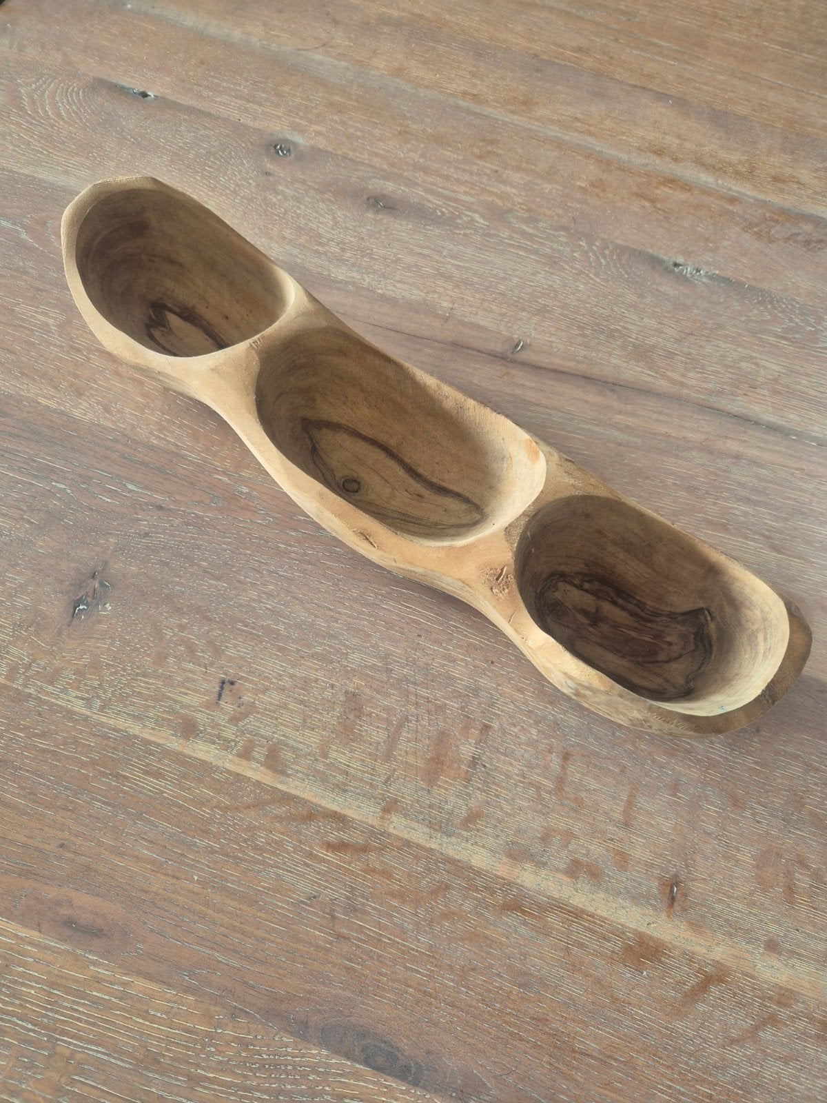 Olijfhouten schaal met 3 vakken - Bowls and Dishes, Schaal, Ophalen of Verzenden, Zo goed als nieuw, Handgemaakt