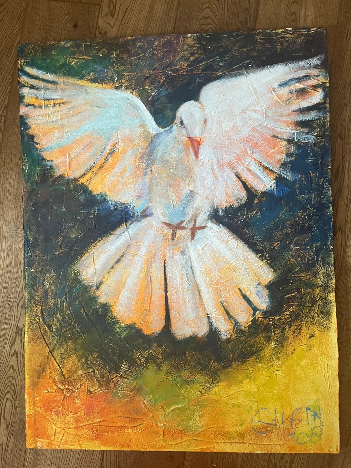 vredesduif, Ophalen, Acrylverf, Doek, Handgeschilderd