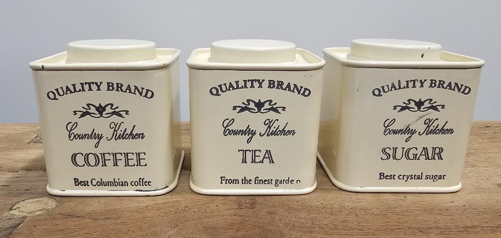 3 LEUKE KLEINE BROCANTE "QUALITY BRAND" VOORRAADBUSSEN, Beige, Gebruikt, Ophalen of Verzenden, Voorraadpot