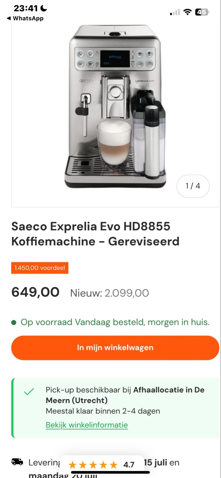 Saeco Exprelia Evo HD8855 Koffiemachine - Gereviseerd, Witgoed en Apparatuur, Koffiezetapparaten, Ophalen, Afneembaar waterreservoir