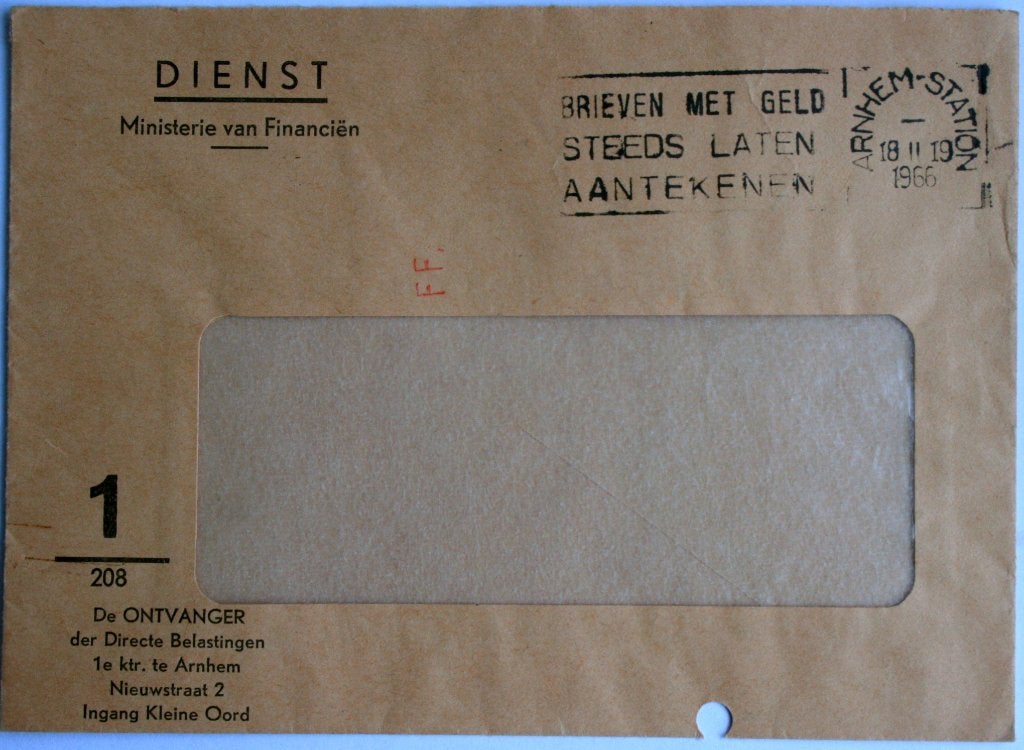 Dienst envelop Ministerie van financiën 1966, Ophalen of Verzenden, Envelop
