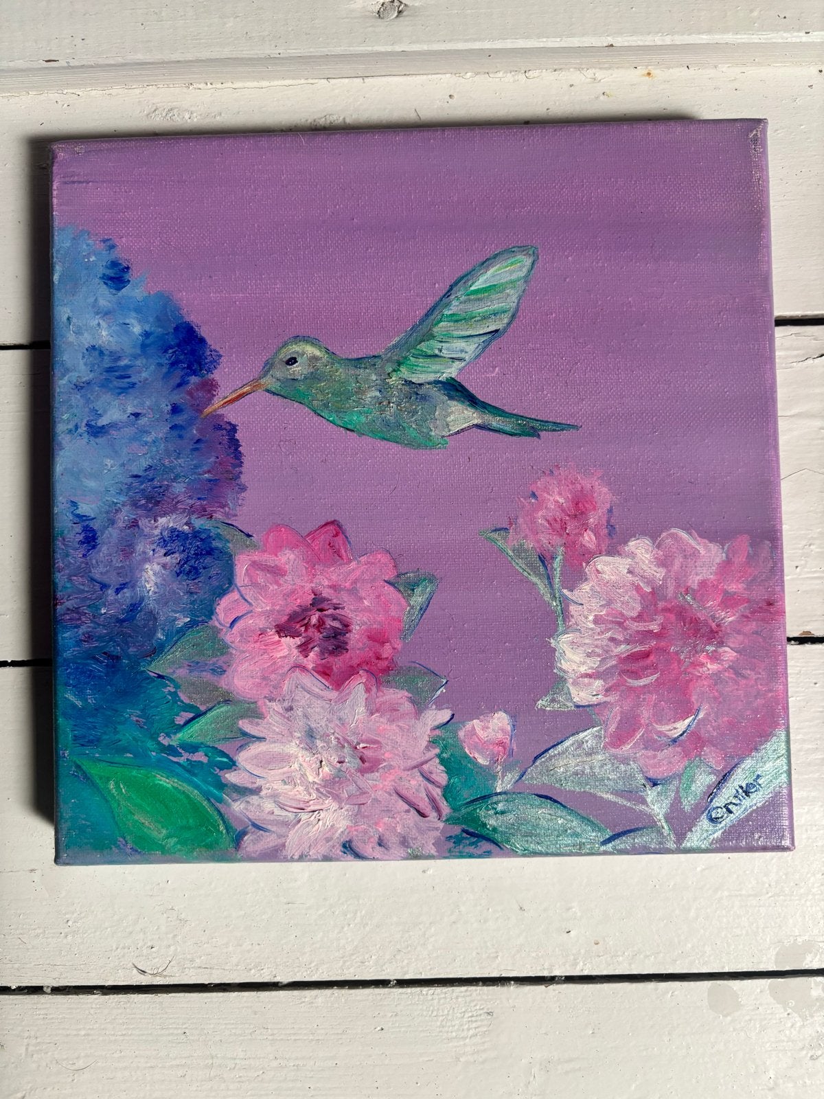 Schilderij Kolibrie en Bloemen - olieverf op doek, Acrylverf, Doek, Realistisch, Dieren