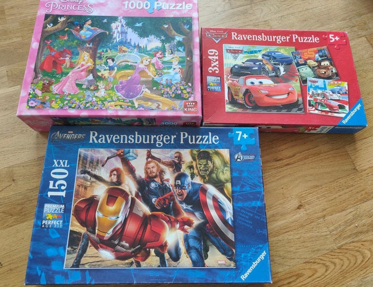 3 Ravensburger Puzzels: Avengers, Cars, Disney Prinsessen, Ophalen of Verzenden, Meer dan 50 stukjes, Gebruikt, 6 jaar of ouder