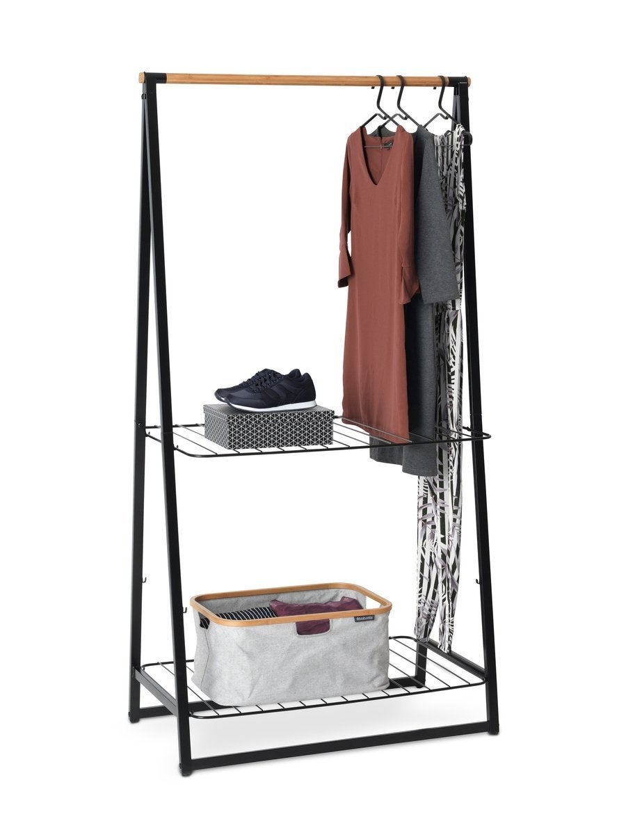 Brabantia Kledingrek met 2 planken - Zwart/Hout, Ophalen, Zo goed als nieuw