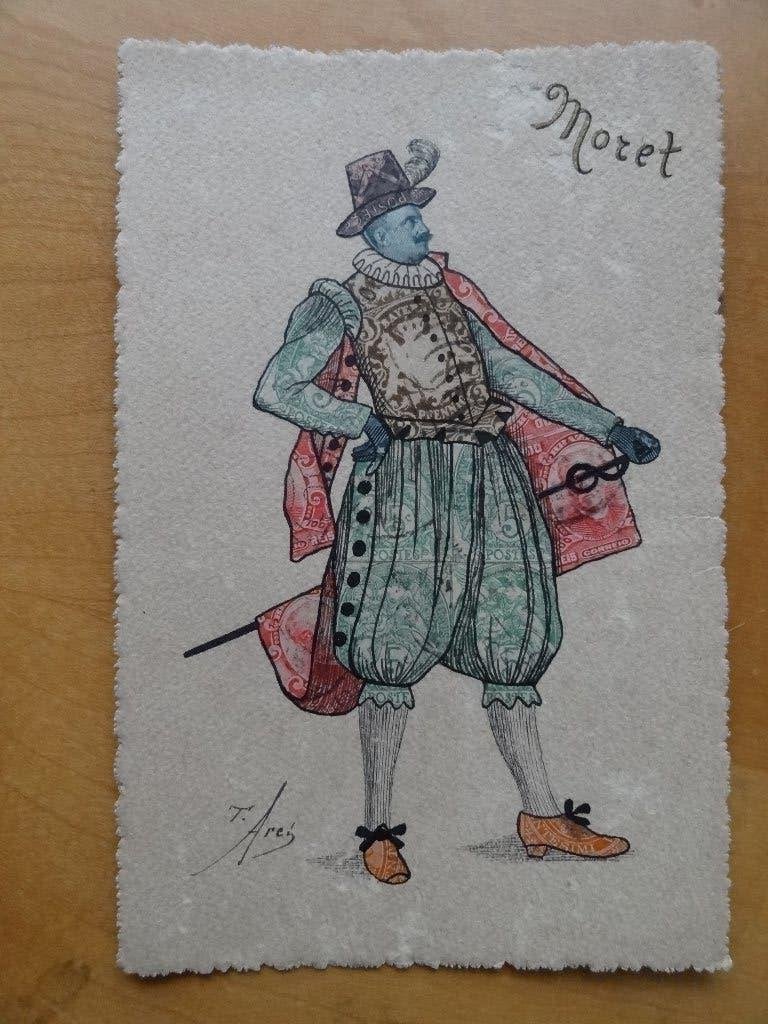 hele oude kaart met edelman, Moret, gesigneerd T.Ares, Verzenden
