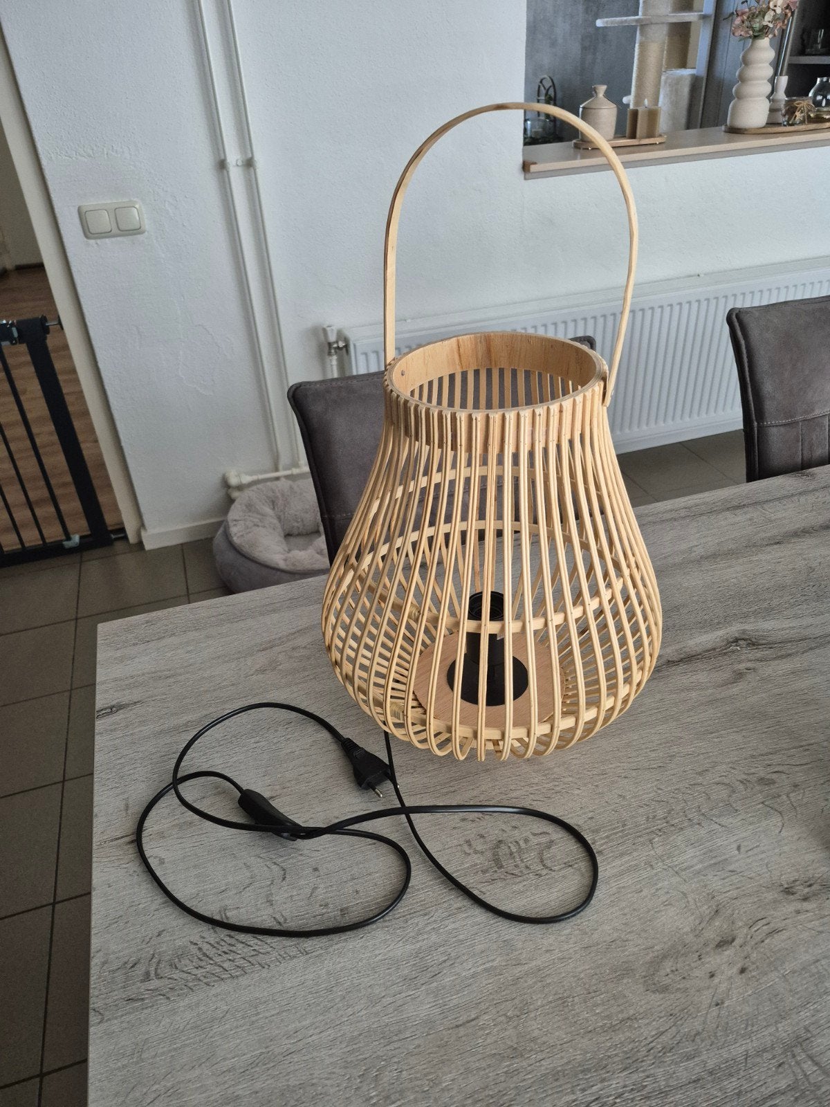 Rotan tafellamp met handvat, Ophalen, Bohemian, Beige, E27 (groot)